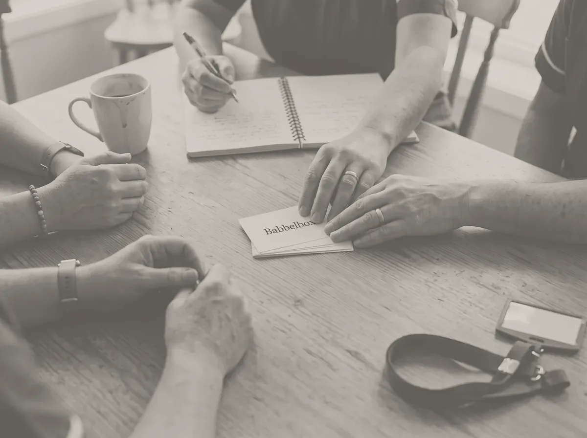 Zwart-witbeeld: handen op tafel bij een stapel gesprekskaartjes, een mok en een notitieboek