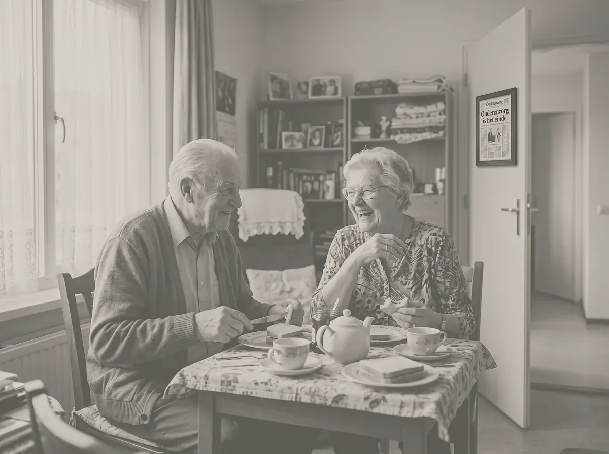 Zwart-witbeeld: een oudere man en vrouw lunchen lachend samen op zijn kamer