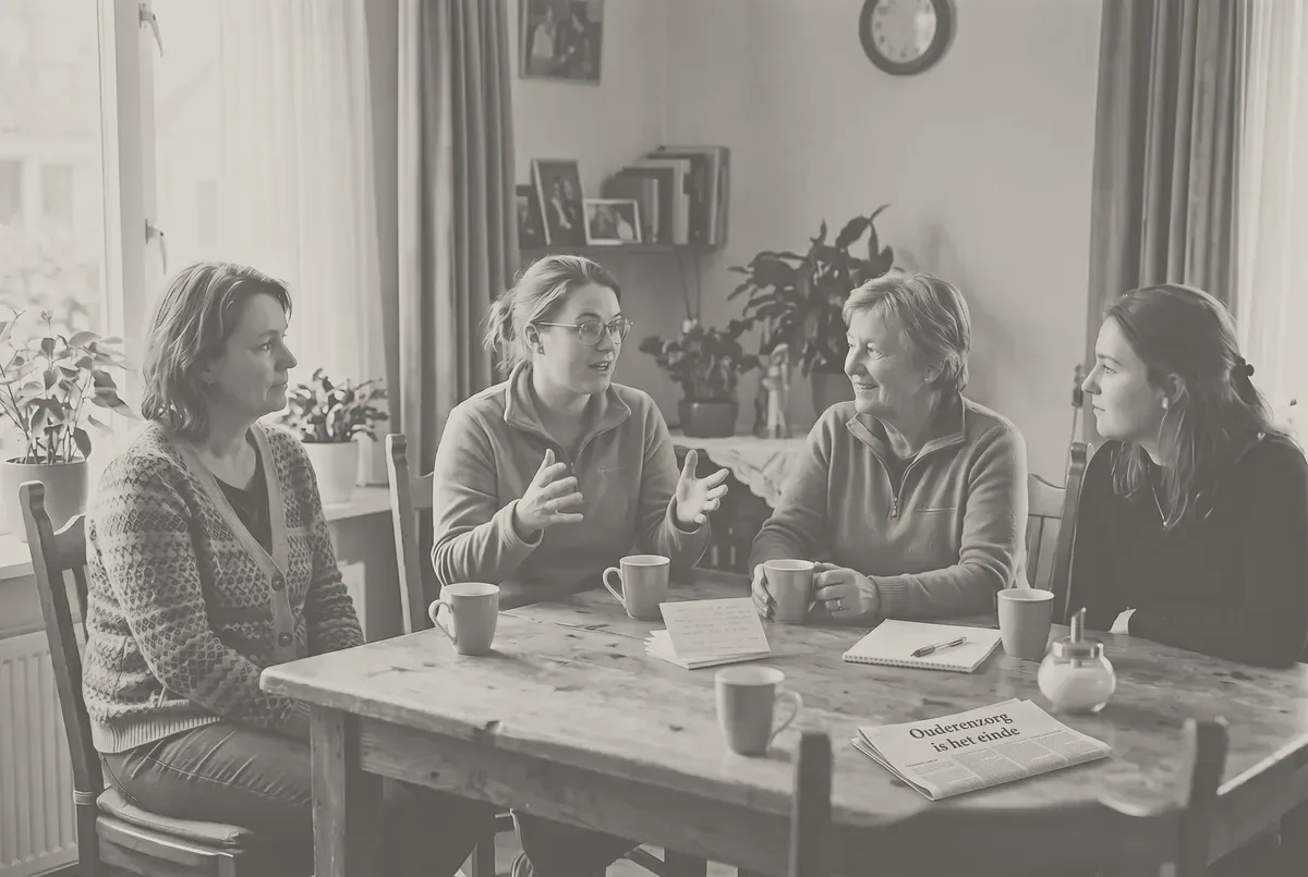 Zwart-witbeeld: vier vrouwen in overleg aan een houten tafel met koffie en gesprekskaartjes