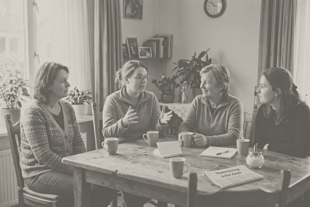 Zwart-witbeeld: vier vrouwen in overleg aan een houten tafel met koffie en gesprekskaartjes